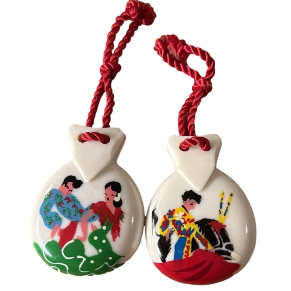 Vintage CASTANETS Clappers Ceramic Spanish Bull Fight & Flamingo Dancers